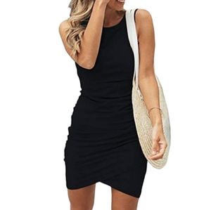 Summer Sleeveless Tank Crew Neck Slim Fit Short Casual Ruched Bodycon Dress NWT